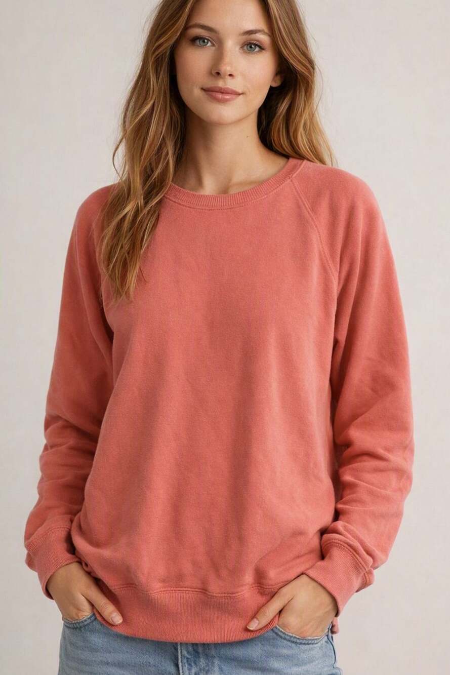 Aerie Vintage Crew Terry Pullover Sweatshirt Coral Pink Oversized Top Small